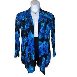 Susan Graver Womens Floral Stretchy Open Front Sparkly Cardigan Black Blue Sz S